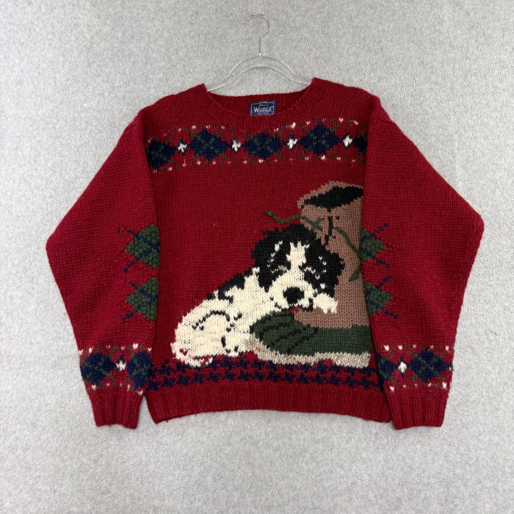Woolrich Sweater Woman M Red Dog Puppy Argyle Wool Blend Vintage 90s Novelty